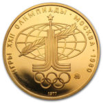 Золота монета 100 карбованців 1977 року. Олімпіада-80. Спорт та світ