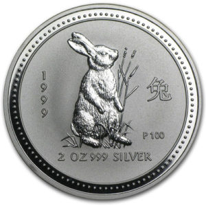 Серебряная монета 2 доллара 1999 год. Австралия. Лунар. Год Зайца