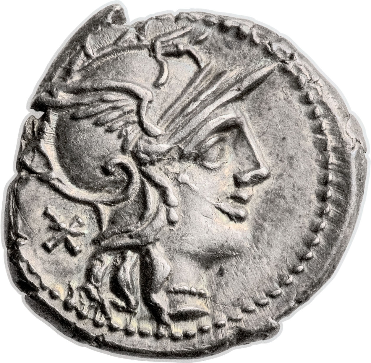 Серебряный республиканский Денарий Тиберия Минуция Авгурина, 134 год до н.э.