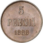 Мідна монета 5 пенні Олександра 3 (для Фінляндії)